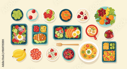 Variety of colorful and nutritious meal prep dishes, fresh fruits, and vegetables neatly organized for healthy eating and diet planning.