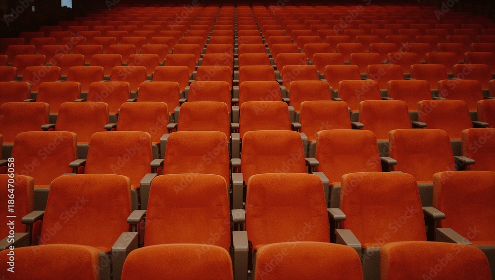 Obraz premium Rows of empty orange seats in a movie theater, a visual representation of anticipation and vacant spaces
