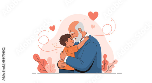 An adorable illustration of a grandfather warmly hugging his smiling grandson, surrounded by symbols of love and happiness.