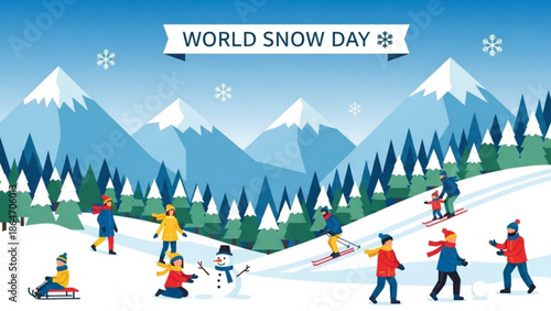 World Snow Day celebration with families enjoying winter sports like skiing and snowboarding in a snowy mountain landscape flat vector illustration