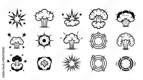 A collection of 16 black and white explosion icons in various styles against a clean white background with a flat lay composition.