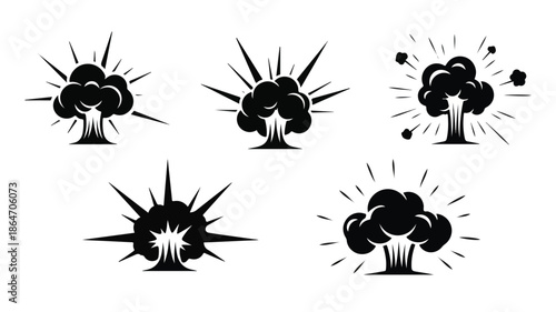 Set of four black explosion icons with dynamic lines and smoke on a white background in a graphic illustration style.