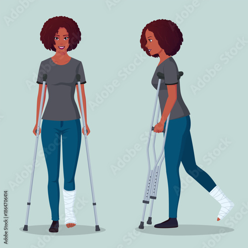 Black Woman with a Broken Foot Walking with Crutches, Young Woman with cast bandage on Leg Front and Side View Vector Illustration