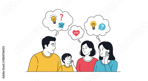 A family portrait illustrating diverse thoughts, questions, and communication challenges among parents and children, symbolizing shared mental processes.