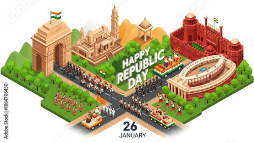 Indian republic day celebration with iconic landmarks and parade, happy republic day 26 january, india with Indian flag and New Delhi and national holiday