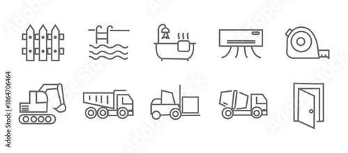 Construction icon set. Containing labor, crane, engineering, equipment, helmet, tool, builder, labour day, renovation architecture, plumbing and more. Editable line icons. Vector illustration.