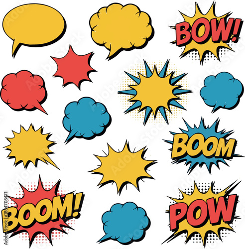Create Cartoon comic sign burst clouds. Speech bubble, boom sign expression and pop art text frames. Comics mem expressions speech, superhero book bubbles label. Isolated vector symbols