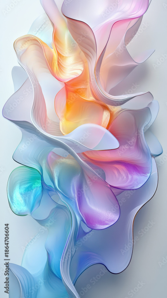 Obraz premium Flowing pastel fabric like abstract shape with iridescent sheen, soft translucent layers and warm glowing center, elegant organic motion evoking calm and wonder