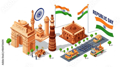 Indian republic day celebration with iconic landmarks and military parade, india gate, qutub minar, rashtrapati bhavan, indian flags waving, vibrant cultural event