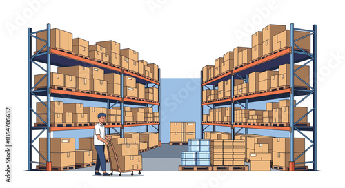 A male worker transports cardboard boxes on a hand truck through a busy warehouse aisle filled with stacked goods and inventory.