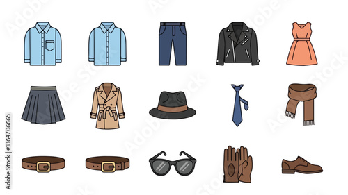Flat lay illustration of various men's and women's clothing and accessories on a white background.