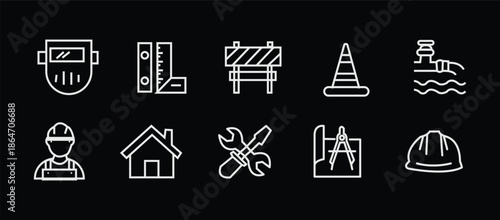Construction icon set. Containing labor, crane, engineering, equipment, helmet, tool, builder, labour day, renovation architecture, plumbing and more. Editable line icons. Vector illustration.