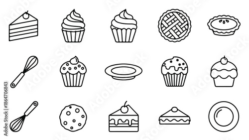 Black and white line drawing illustrations of various desserts and baking utensils on a clean white background.