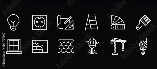 Construction icon set. Containing labor, crane, engineering, equipment, helmet, tool, builder, labour day, renovation architecture, plumbing and more. Editable line icons. Vector illustration.