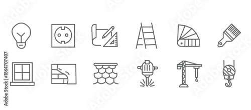 Construction icon set. Containing labor, crane, engineering, equipment, helmet, tool, builder, labour day, renovation architecture, plumbing and more. Editable line icons. Vector illustration.