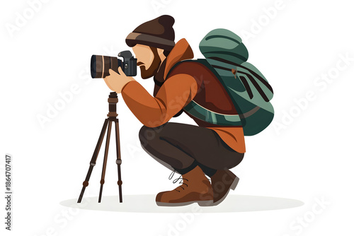 Photographer in Action: A photographer, engrossed in capturing a stunning image, crouches intently with camera and tripod, his backpack ready for adventure.