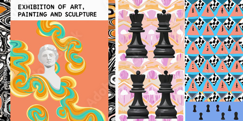 Colorful abstract art featuring chess pieces a bust and swirling patterns