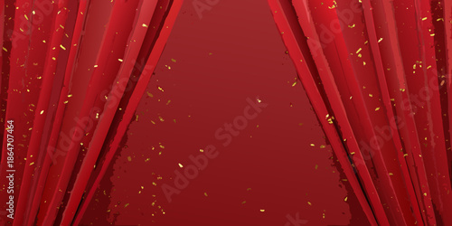 Dramatic red curtains with golden sparkles create a stage like theatrical background