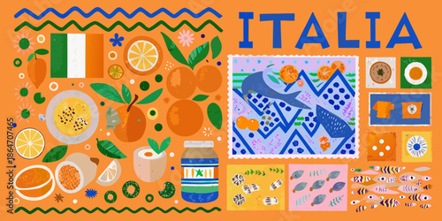 Italian themed collage featuring fruit flag and decorative elements