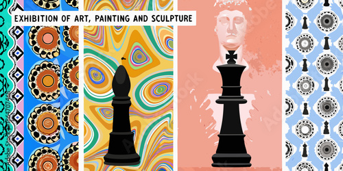 Colorful exhibition poster featuring abstract art a chess piece and a bust