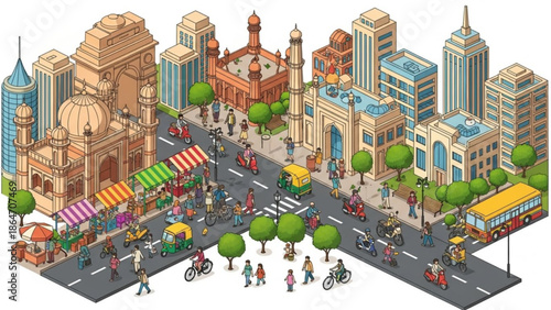 Isometric city street scene with diverse people, historic and modern buildings, and various transportation modes in a vibrant urban environment