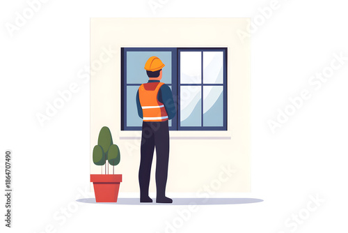 Construction Inspection: A construction worker, clad in safety gear, surveys a building's window, reflecting on the quality and the building process.