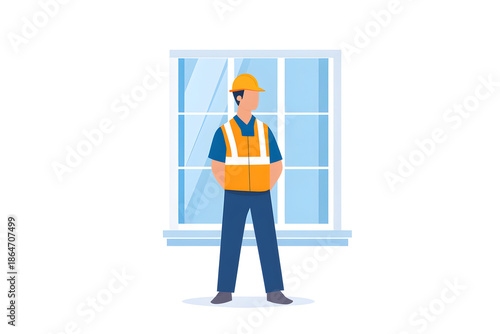 Construction Worker Beside a Window: A construction worker stands confidently next to a large, bright window, embodying the spirit of building and progress.