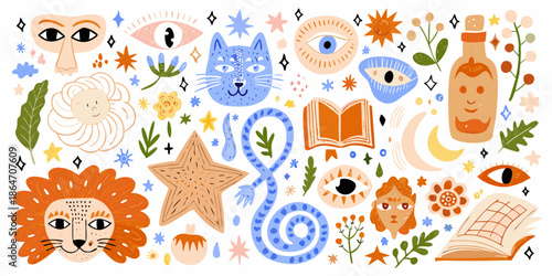 Whimsical illustration featuring mystical creatures eyes and botanical elements