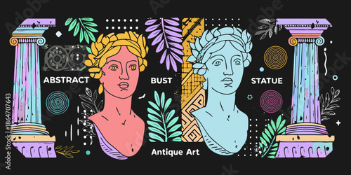 Classical busts and columns in an abstract and colorful artistic composition
