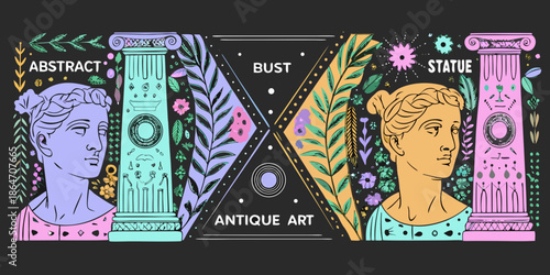 Classical busts and architectural elements in a retro colorful abstract design