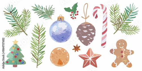 Festive watercolor christmas decorations including pine branches ornaments and a gingerbread man