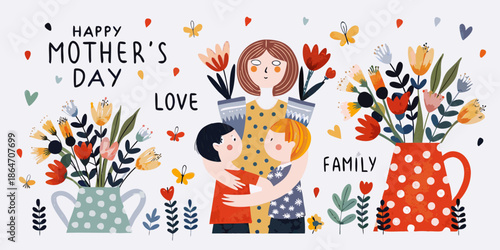 A heartwarming illustration of a mother and child with flowers and hearts