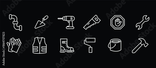 Construction icon set. Containing labor, crane, engineering, equipment, helmet, tool, builder, labour day, renovation architecture, plumbing and more. Editable line icons. Vector illustration.