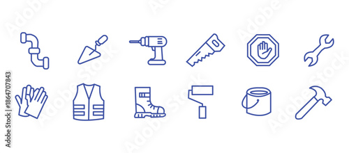 Construction icon set. Containing labor, crane, engineering, equipment, helmet, tool, builder, labour day, renovation architecture, plumbing and more. Editable line icons. Vector illustration.