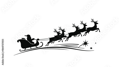 Santa Claus silhouette in sleigh pulled by reindeer flying across starry night sky