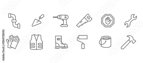 Construction icon set. Containing labor, crane, engineering, equipment, helmet, tool, builder, labour day, renovation architecture, plumbing and more. Editable line icons. Vector illustration.