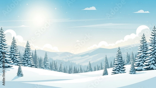 Winter landscape with snow-covered pine trees and rolling hills under a bright sun serene natural scenery for holiday or seasonal backgrounds