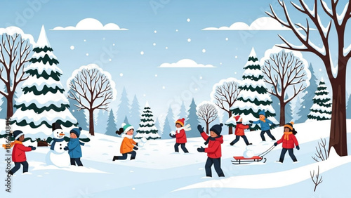 Children playing in the snow building a snowman and sledding in a winter forest illustration for holiday and seasonal concepts