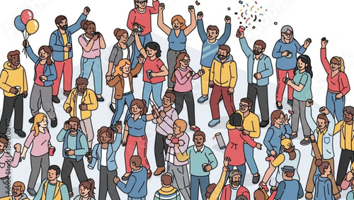 Diverse group of people celebrating together with confetti and balloons in a vibrant joyful atmosphere with celebration and happiness and community