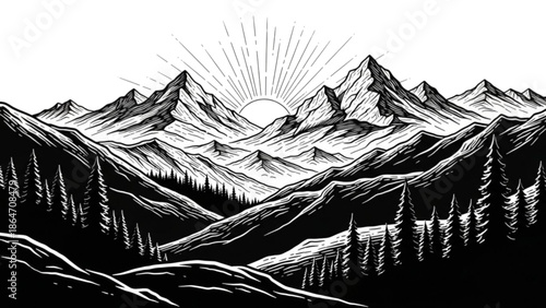Black and white mountain landscape with sun rising behind peaks