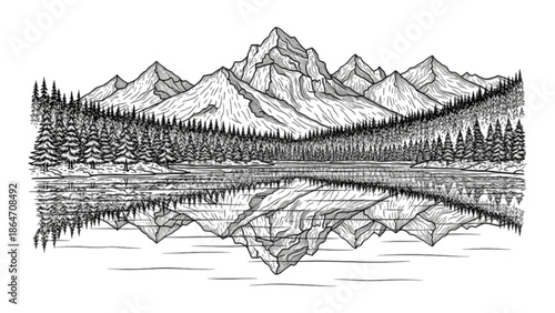 Black and white illustration of mountain range with lake and trees reflected in water