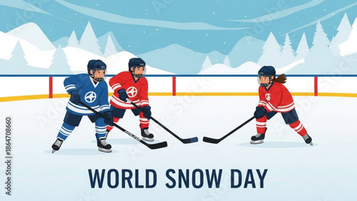Children playing ice hockey on a frozen rink with snow-covered trees in the background celebrating World Snow Day with winter sports