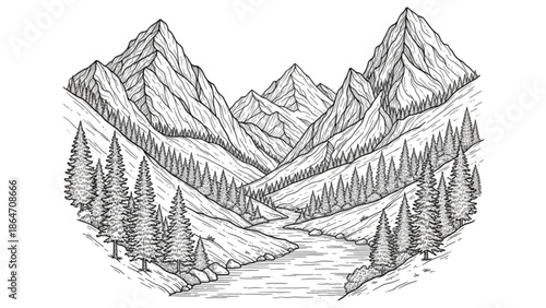 A serene mountain landscape with trees and a river in a scenic valley setting