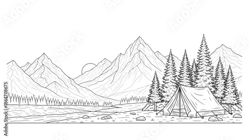 A serene mountain landscape with a tent and trees by a riverbank in a peaceful natural setting with majestic peaks