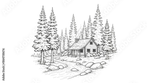 A cozy cabin nestled among snow covered trees and boulders in a serene winter landscape scene with a snow covered roof