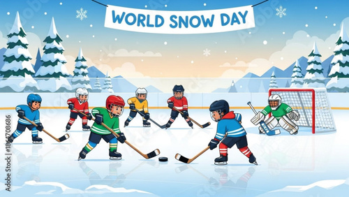 Children playing ice hockey on World Snow Day a fun winter sport illustration for holiday greetings and sports event promotion