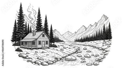 Black and white illustration of a cozy cabin by a river with mountains in the background surrounded by trees and rocks
