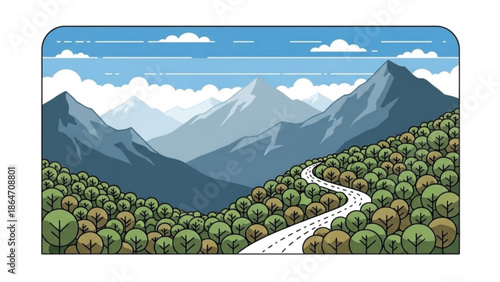 A scenic road winding through a forest with mountains in the background under a blue sky with clouds