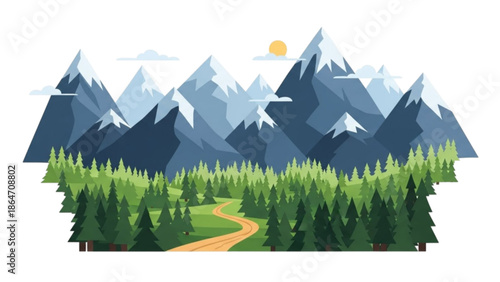 Vector illustration of a scenic mountain landscape with a winding road and trees under a sunny sky