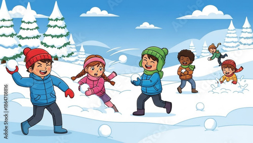 Children playing a snowball fight in a snowy winter landscape fun outdoor activity for kids cartoon illustration for holiday season